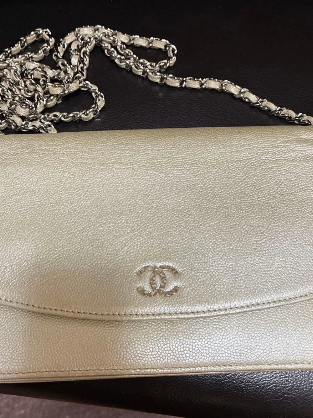 CHANEL Champagne Metallic Chevron Crossbody Bag with Chain